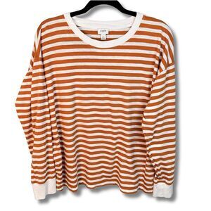 J Crew Factory Striped Tee Women’s Large Copper White Cotton Long Sleeve Autumn